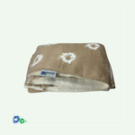 Das Bild zeigt eine zusammengefaltete Kuscheldecke. Die Vorderseite ist beige mit aufgedruckten weißen Hand-Klecksen. Die Rückseite ist aus wollweißem Kuschelfell. An der Seite befindet sich in angenähtes Hände für Kinder Logo.