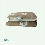 Das Bild zeigt eine zusammengefaltete Kuscheldecke von der Seite. Die Vorderseite ist beige mit aufgedruckten weißen Hand-Klecksen. Die Rückseite ist aus wollweißem Kuschelfell. An der Seite befindet sich in angenähtes Hände für Kinder Logo.